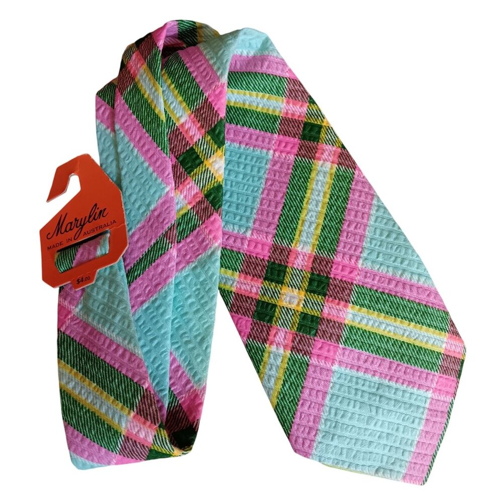 Vintage Marylin Plaid Textured Tie Made In Australia 52" 4.5" wide 1970's NWT